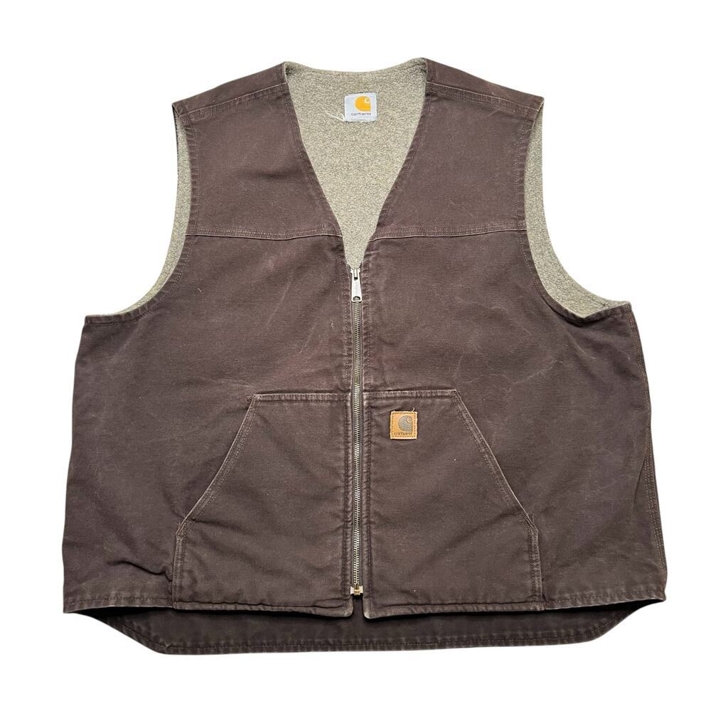 VTG Carhartt V26-DKB Brown Sherpa Lined Canvas Work‎ Vest Size XXL Distressed